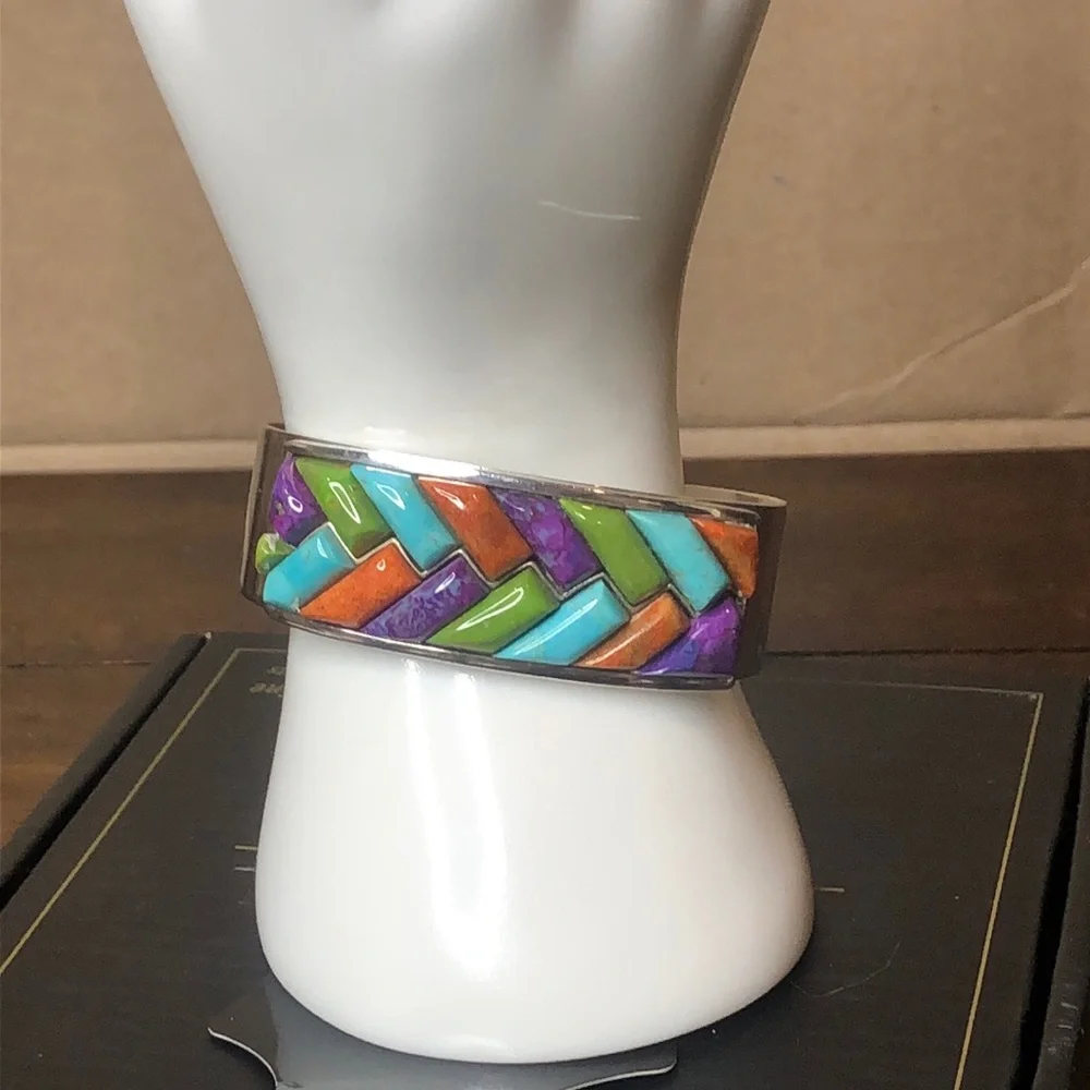 JAY KING Turquoise Coral Green Turquoise Sterling Silver Braided Gem Stone Cuff - Picture 17 of 17